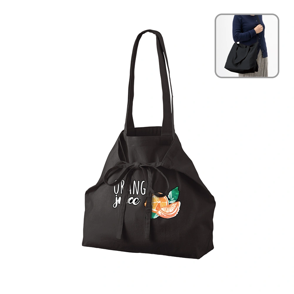 オーガニック厚手コットン紐リボントートブラック