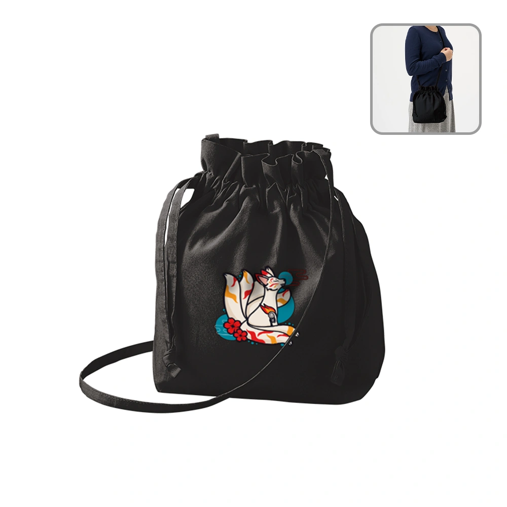 オーガニック厚手コットン　巾着ショルダーバッグブラック