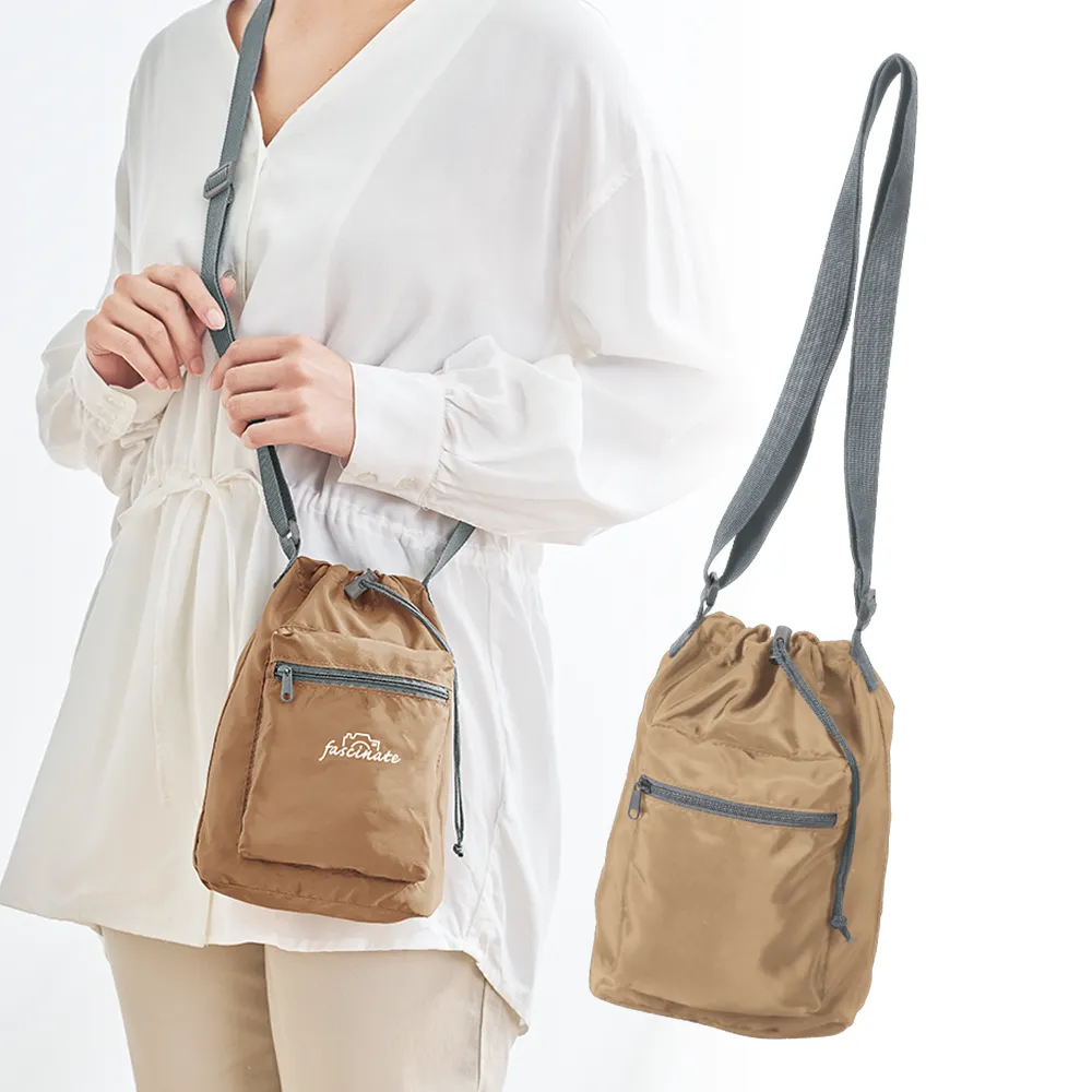 ファスナーポケット付きショルダー巾着ポーチ(撥水加工)